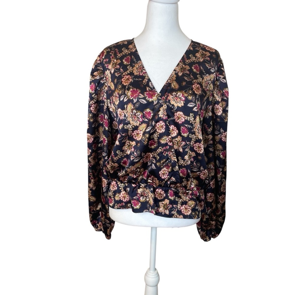 1. State Womens Navy Floral Blouse Large Elastic Waist Cottagecore Dark Romantic